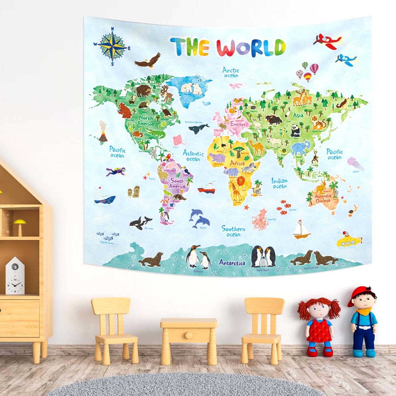 Kids Education Room - Kinderwereldkaart Wandtapijt Educatieve Aardrijkskunde Kunst Kinderkamer
