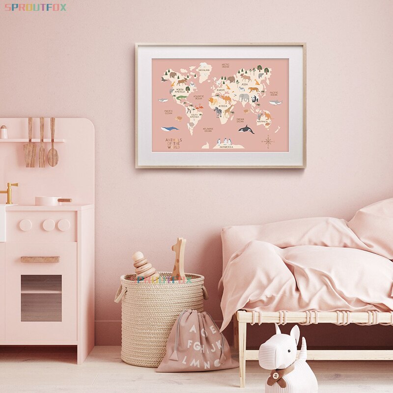 Kids Education Nursery - Educatieve Cartoon Dier Wereldkaart Canvas Wall